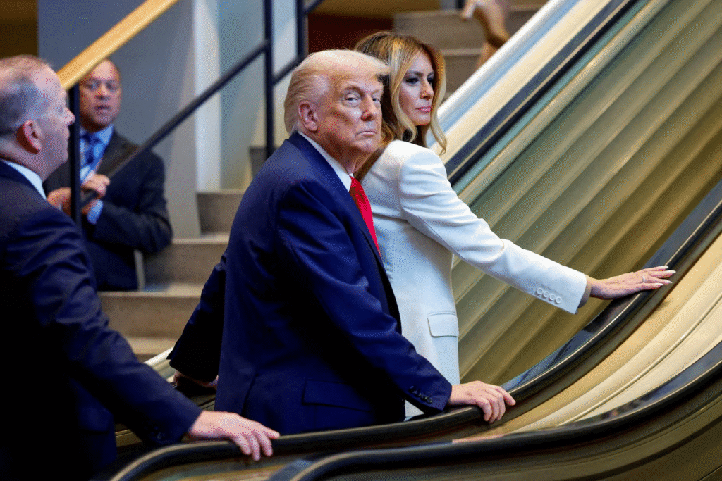 On September 23, 2025, U.S. President Donald Trump and First Lady Melania Trump arrived at the 80th United Nations General Assembly in New York City. They were observed riding an escalator upon their arrival.